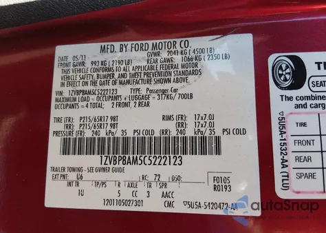 2012 Ford Mustang V6 from USA, damaged, VIN 1ZVBP8AM5C5222123